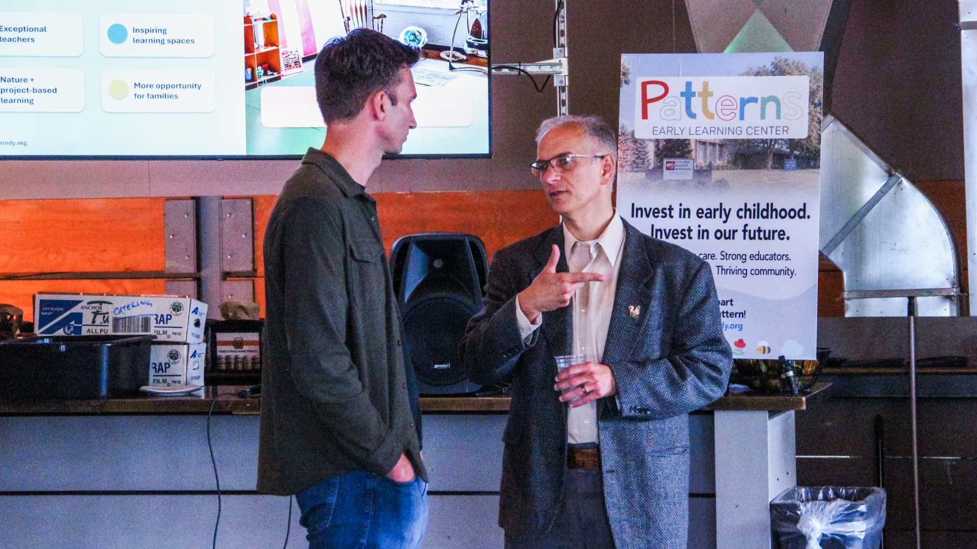 A community leader in conversation with a Patterns board member